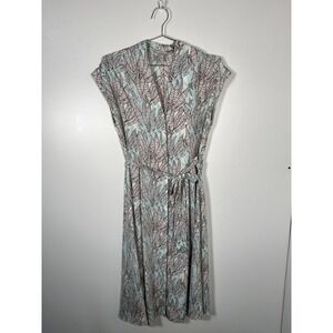 H&M Light Blue Brown Abstract Leaf Print Sleeveless Midi Wrap‎ Dress Size 6
